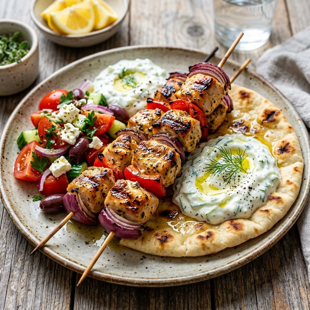Delicious Mediterranean chicken souvlaki skewers served with fresh veggies