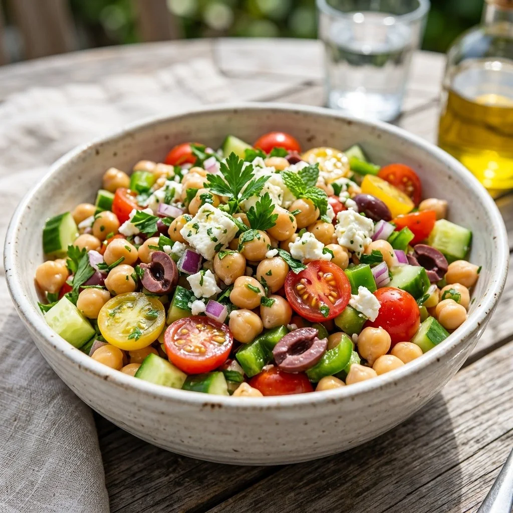 Colorful Mediterranean Chickpea Salad with fresh vegetables and herbs