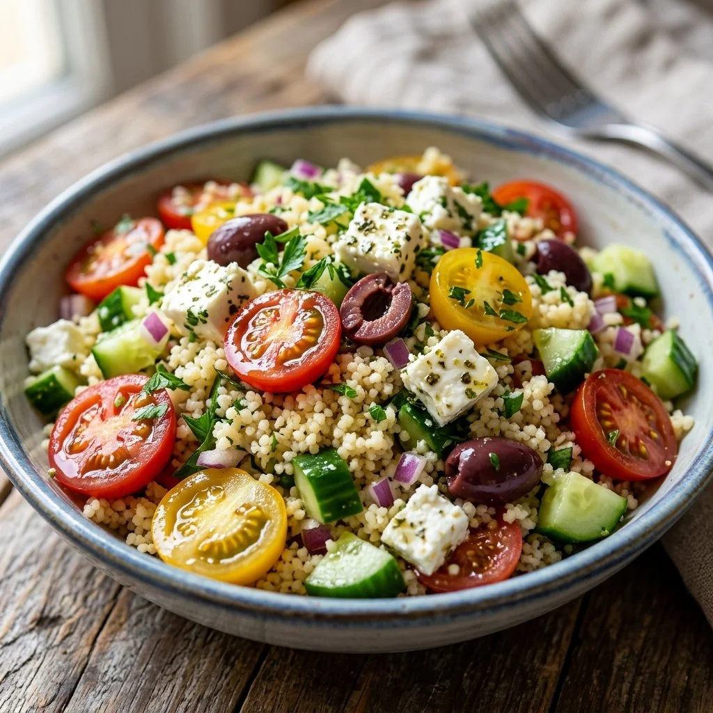 A colorful Mediterranean Couscous Salad with fresh vegetables and herbs