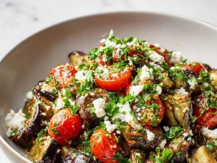 Fresh Mediterranean eggplant salad with vibrant vegetables and herbs