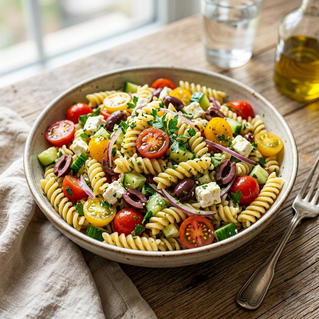 A vibrant Mediterranean Pasta Salad with fresh vegetables and dressing