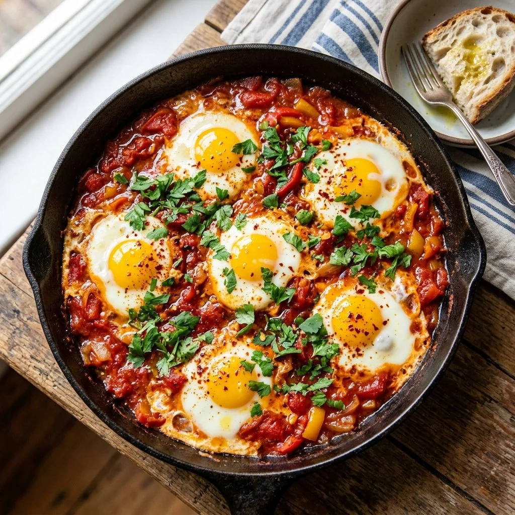 Delicious Mediterranean Shakshuka with poached eggs and tomato sauce