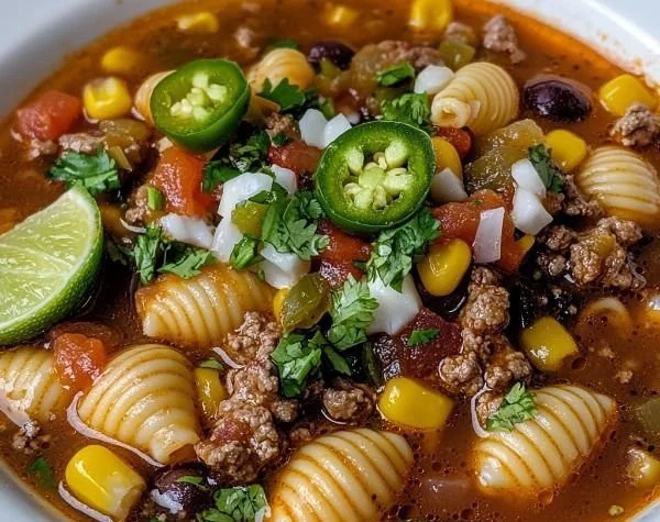 Delicious Mexican beef soup with shell pasta served in a bowl