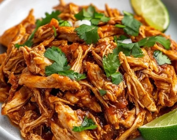 Delicious Mexican pulled chicken served in tacos with fresh toppings