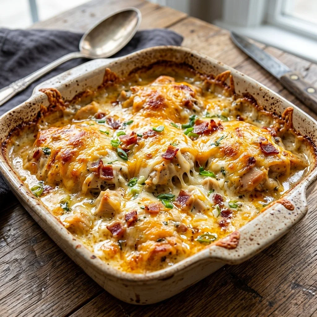 Delicious Million Dollar Chicken Bake served in a dish, garnished with herbs.