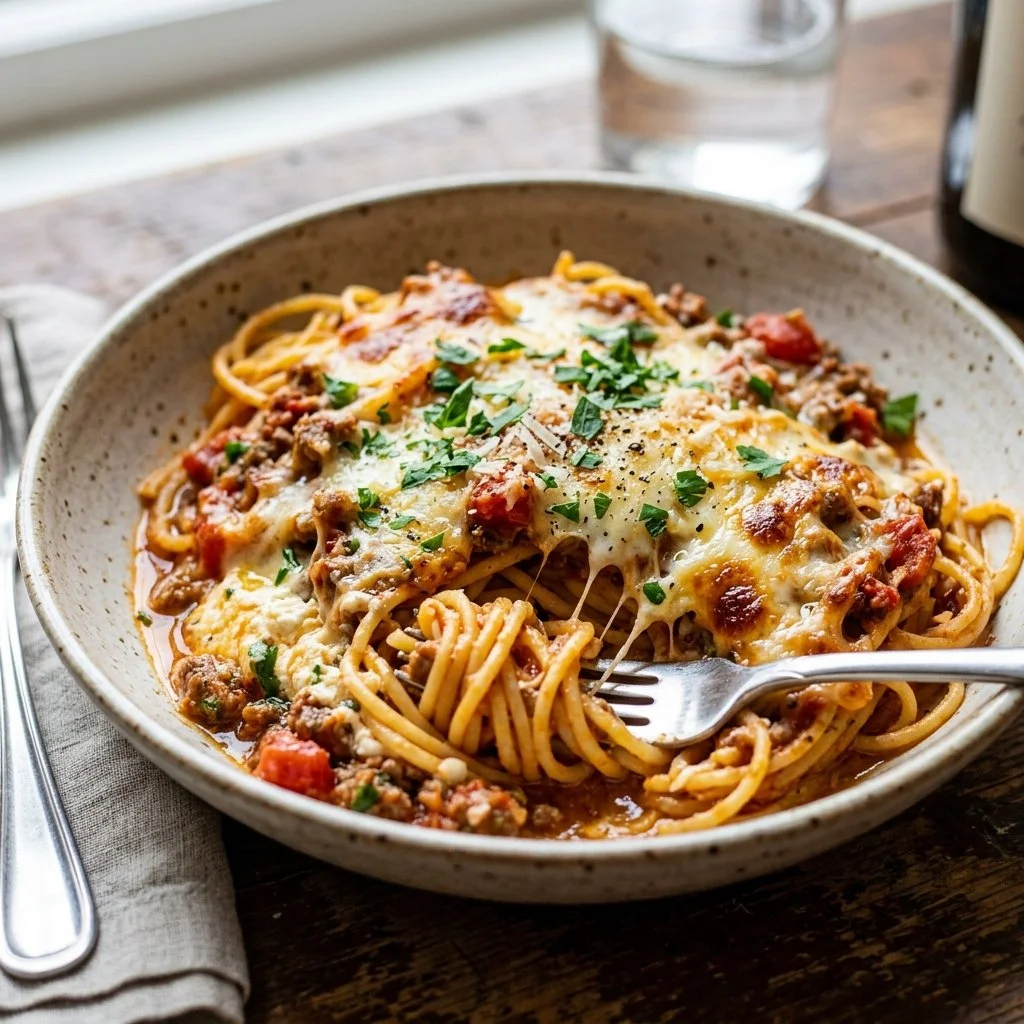 Delicious Million Dollar Spaghetti served in a bowl with herbs and cheese