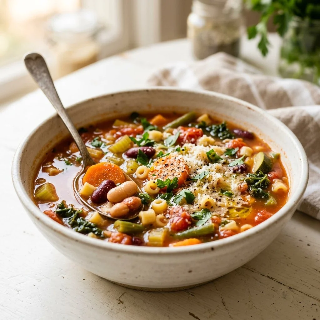 A bowl of hearty minestrone soup with fresh vegetables and beans on a wooden table.