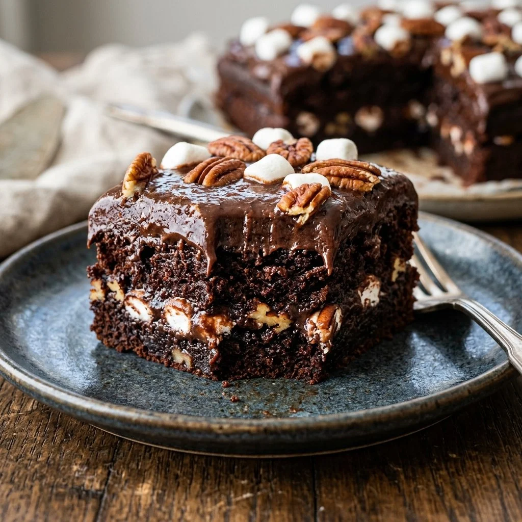 Delicious Mississippi Mud Cake with chocolate and marshmallow topping