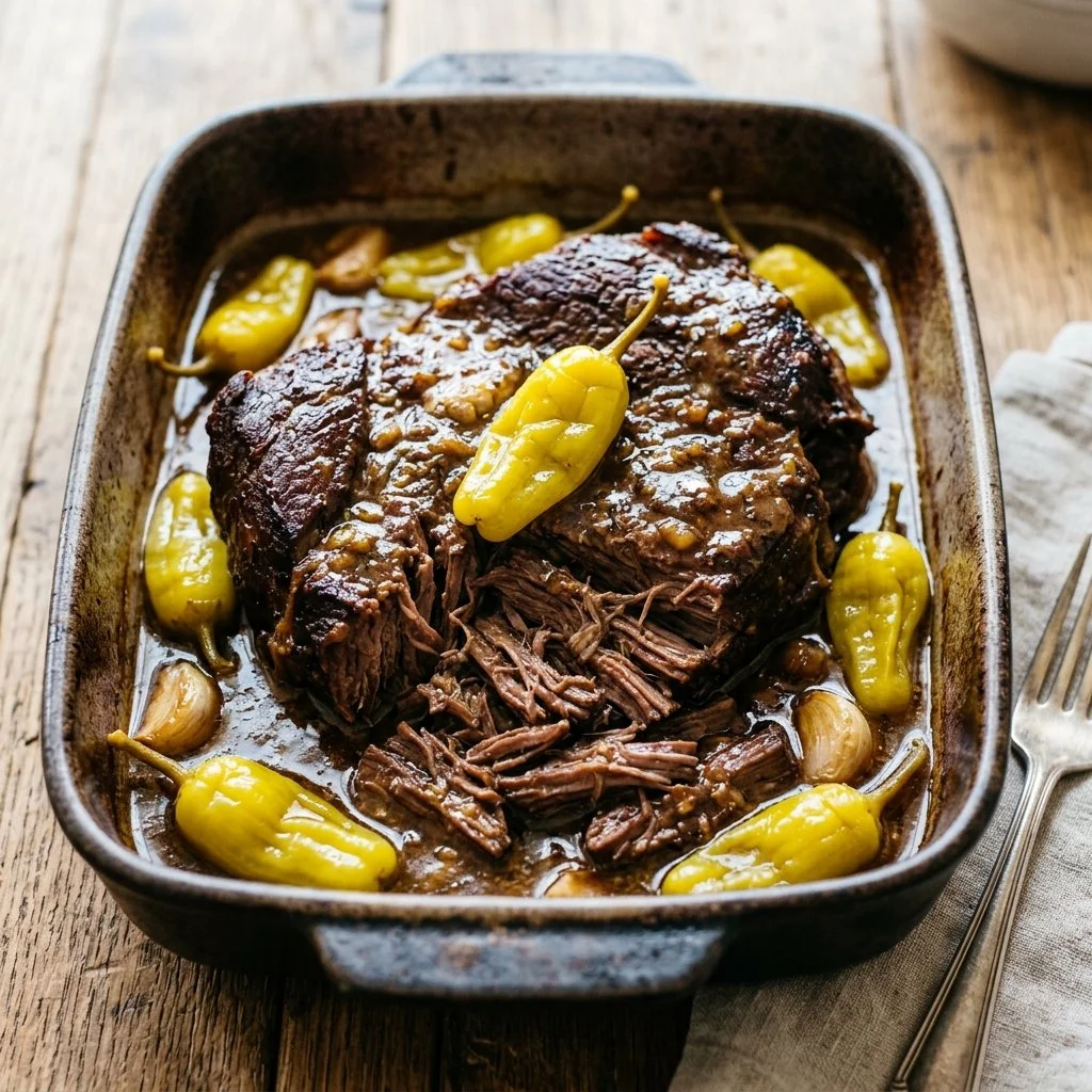 Savory Mississippi Pot Roast served with vegetables on a plate.