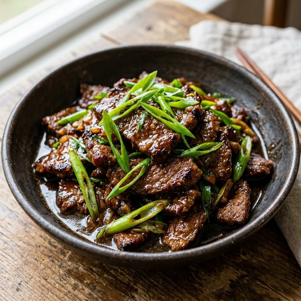 Delicious homemade Mongolian Beef served with vegetables and rice