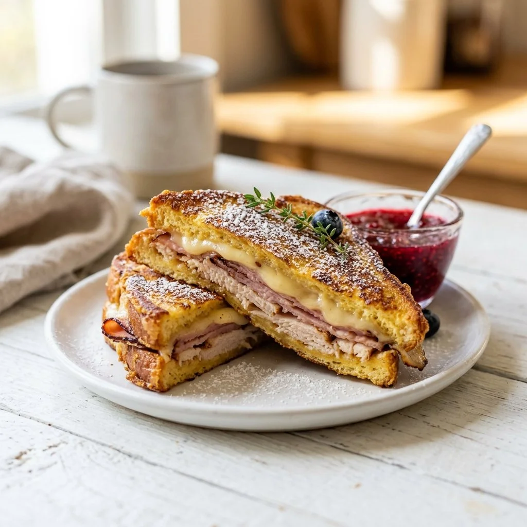 Delicious Monte Cristo sandwich served with powdered sugar and berry jam