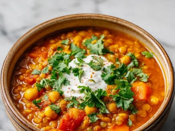 Bowl of Moroccan Lentil Soup garnished with fresh herbs and spices