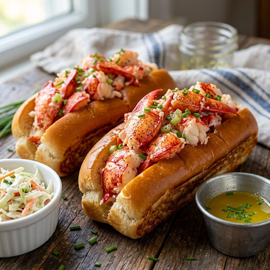 Delicious New England lobster rolls served with a side of coleslaw