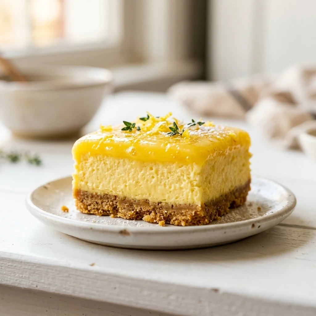 No-Bake Lemon Cheesecake Bars topped with lemon zest and fresh berries