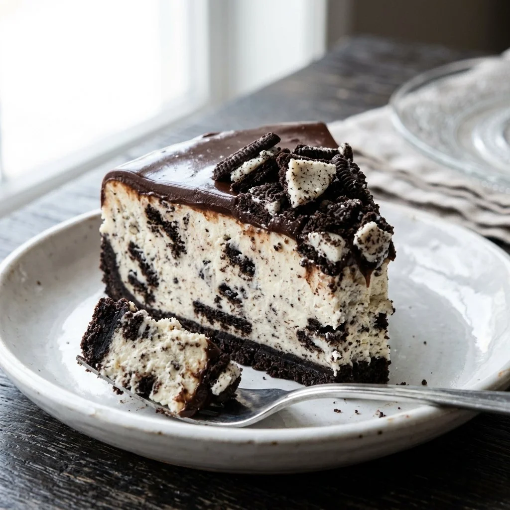 No-bake Oreo cheesecake topped with crushed Oreos and whipped cream