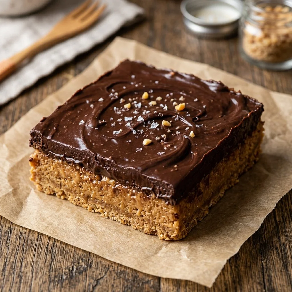 Delicious no bake peanut butter bars stacked on a plate