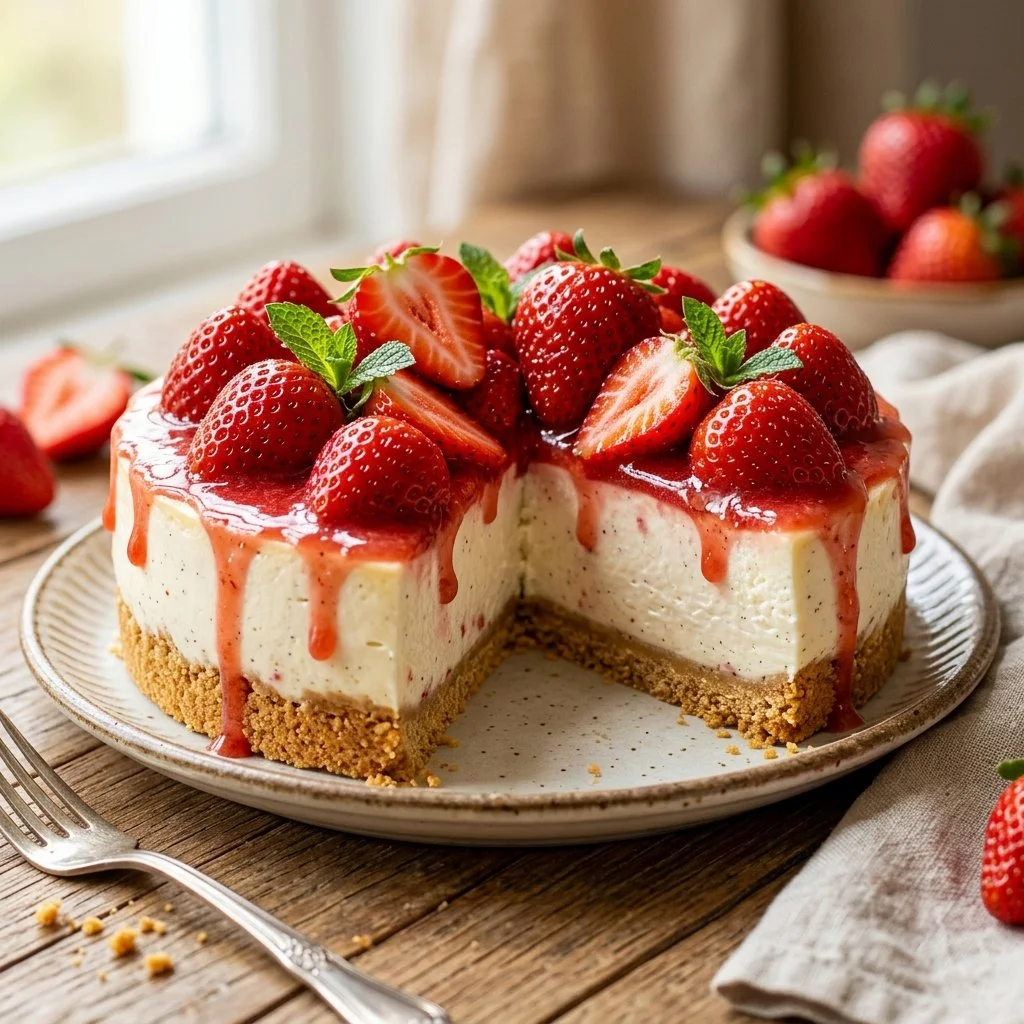 No Bake Strawberry Cheesecake topped with fresh strawberries
