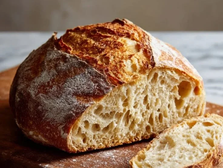 Freshly baked no-knead artisan bread with a golden crust