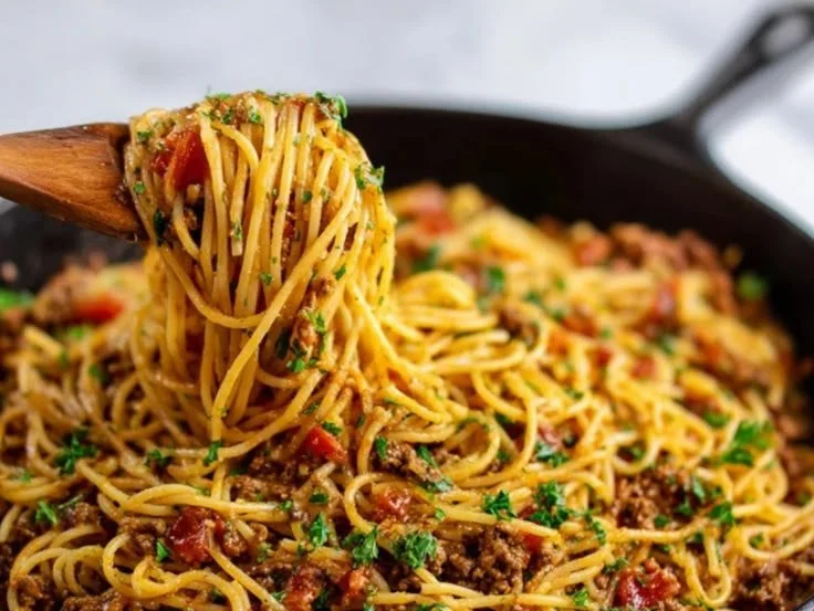 Delicious bowl of one pot cowboy spaghetti with fresh ingredients.