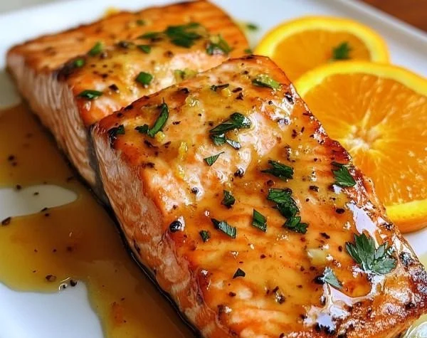 Delicious Orange-Glazed Salmon served with fresh vegetables