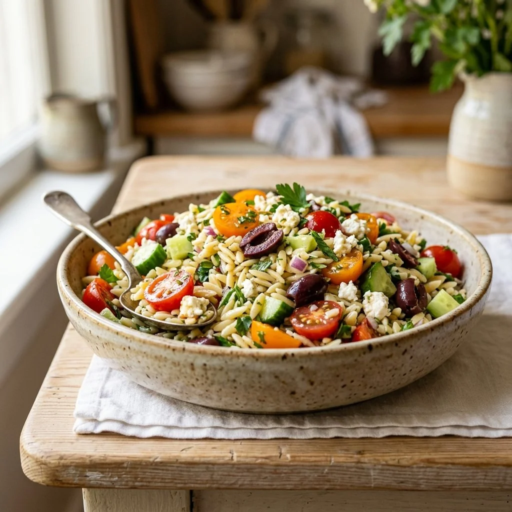 Colorful orzo salad with vegetables and herbs in a bowl
