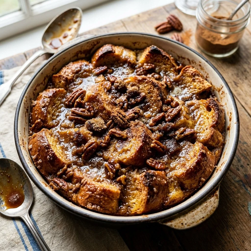 Delicious Overnight French Toast Bake served with syrup and berries