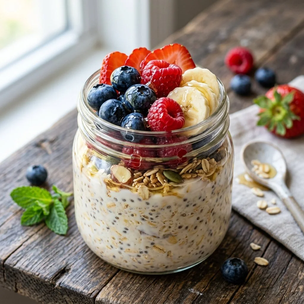 Healthy overnight oats served in a bowl with fruits and nuts