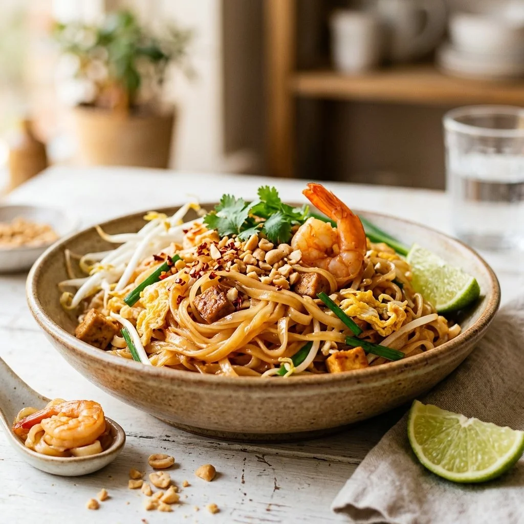Delicious Pad Thai dish served in a bowl with garnishes