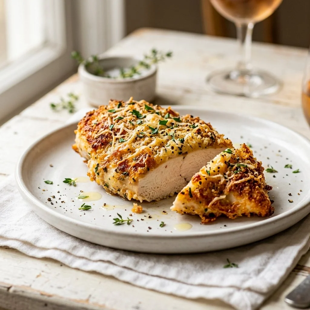 Delicious Parmesan Crusted Chicken served on a plate
