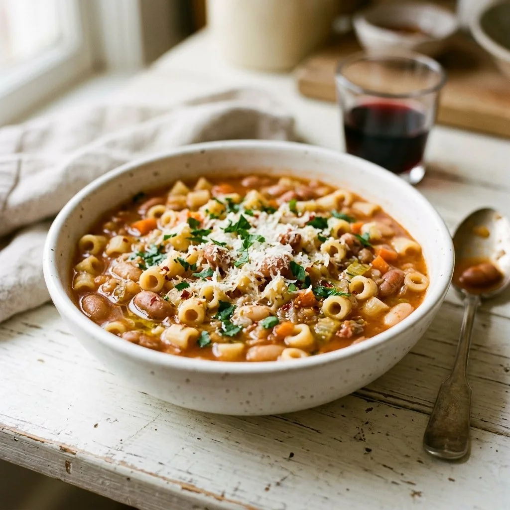 A bowl of Pasta Fagioli topped with fresh basil and grated Parmesan cheese.
