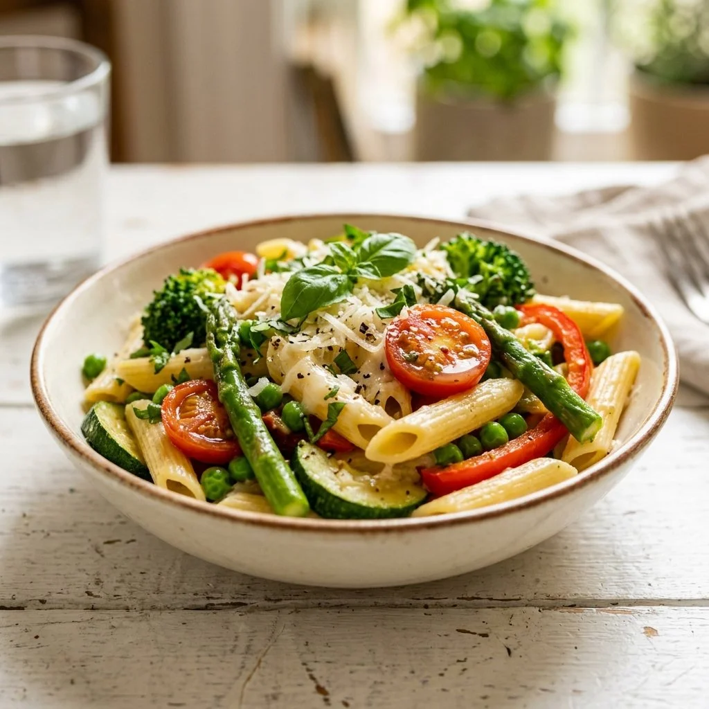 Colorful pasta primavera with fresh vegetables and herbs on a white plate.