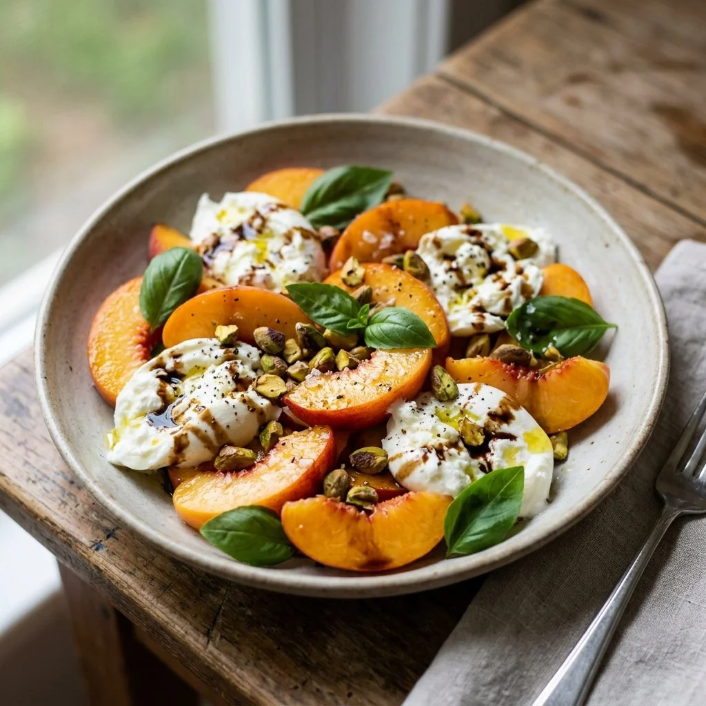 Delicious Peach Burrata Salad with fresh peaches and creamy cheese