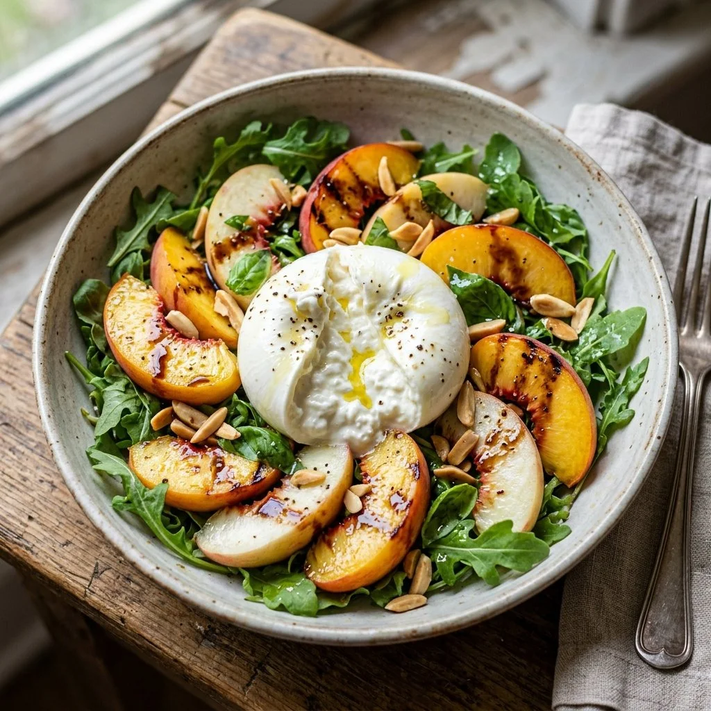 Delicious Peach Burrata Salad with fresh ingredients and vibrant colors