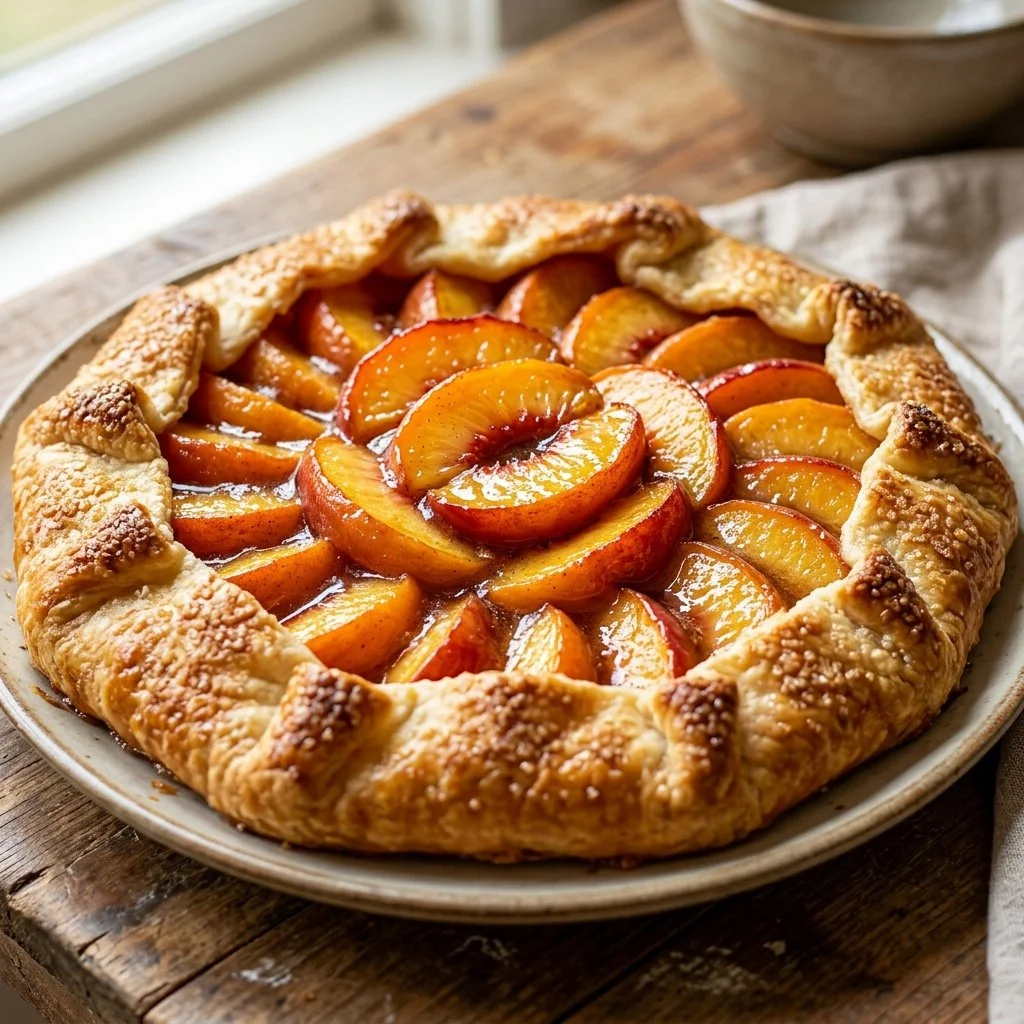 Fresh peach galette with juicy peaches and golden flaky crust