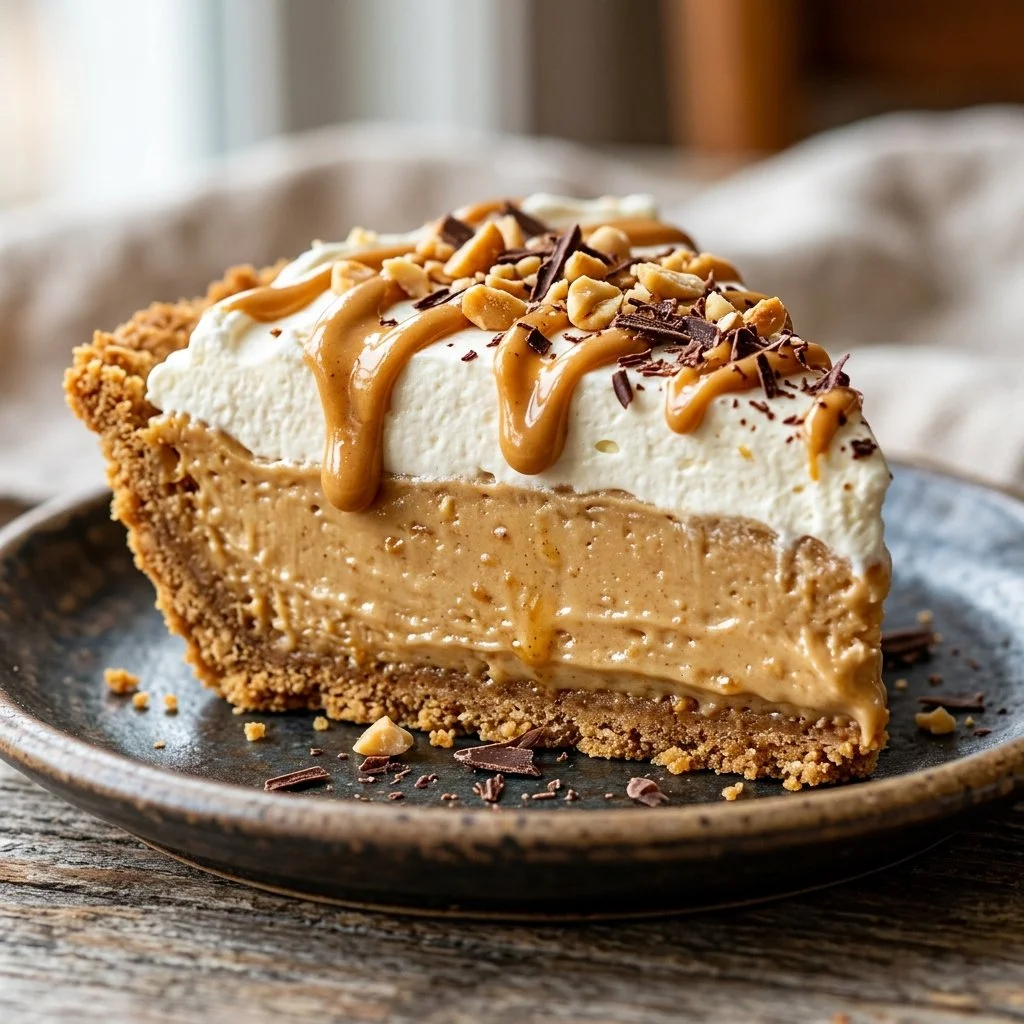 Delicious homemade Peanut Butter Pie served on a dessert plate