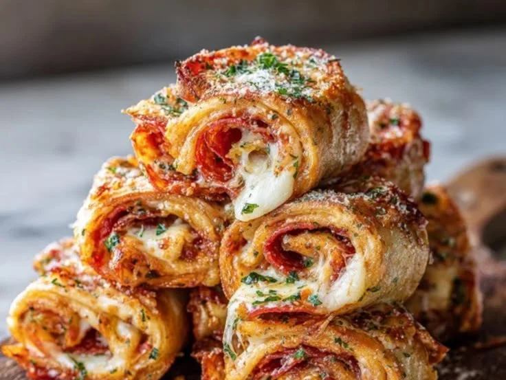 Homemade Pepperoni Pizza Roll-Ups served on a plate