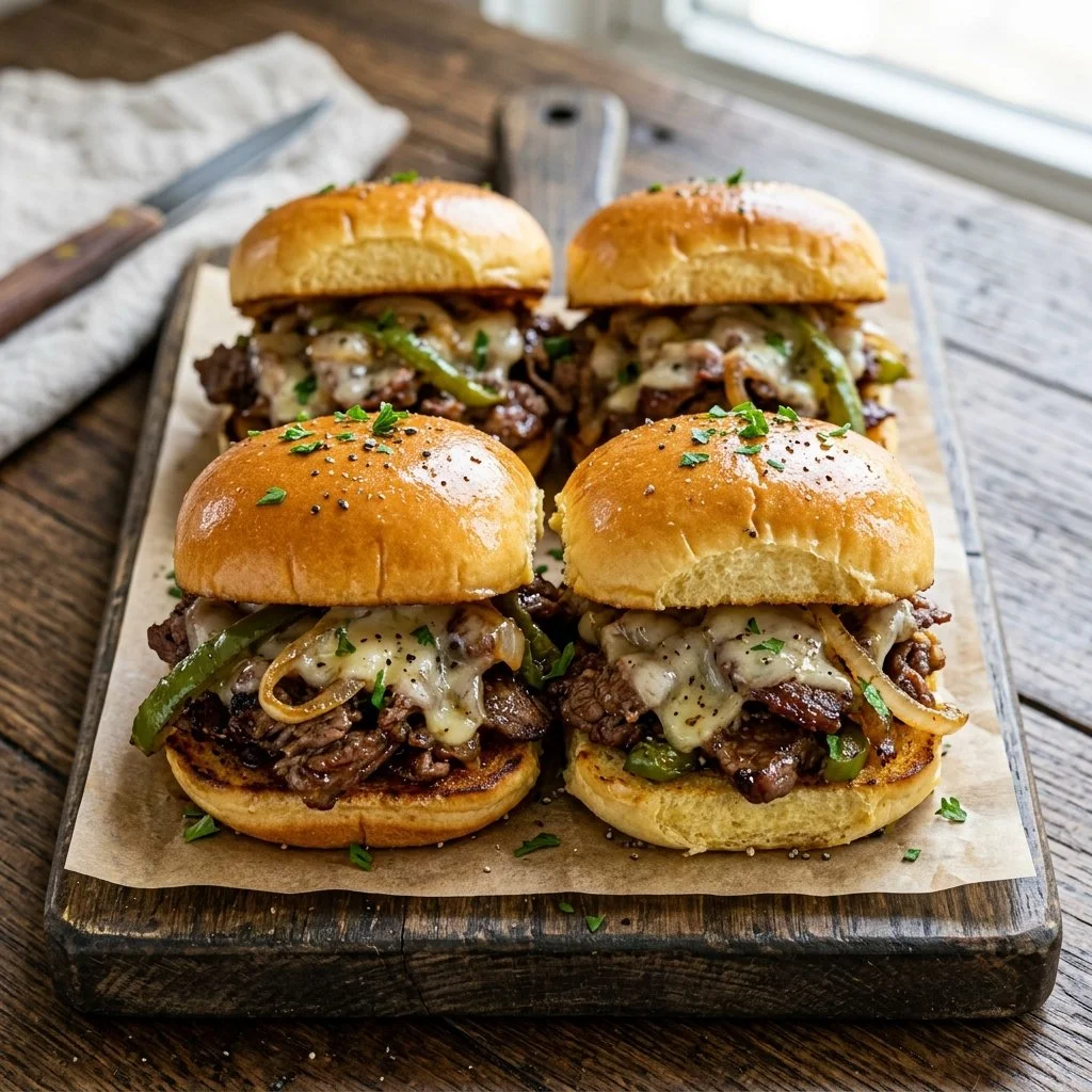 Philly Cheesesteak Sliders topped with melted cheese and peppers