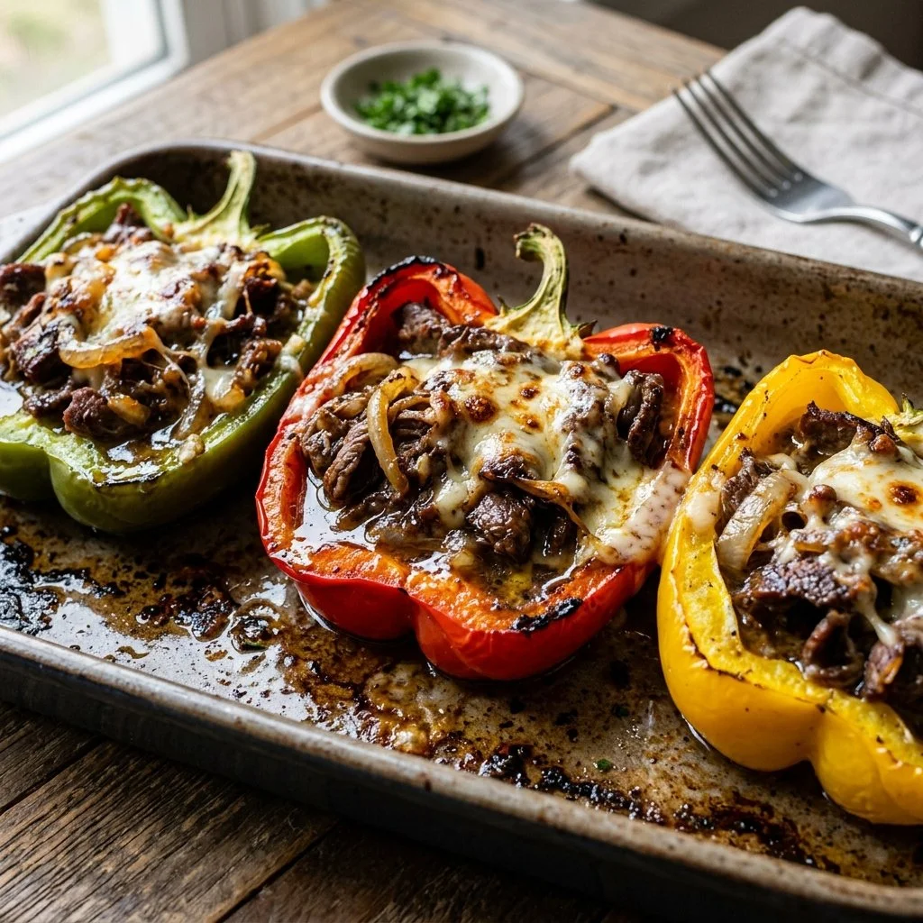 Philly Cheesesteak Stuffed Peppers ready to serve, filled with cheese and steak