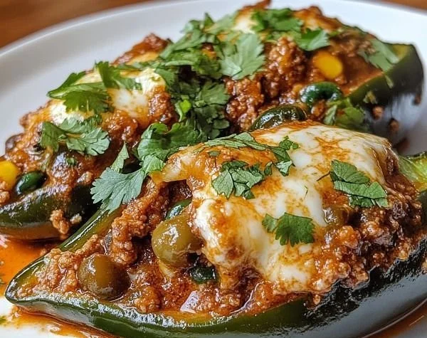Plate of Picadillo and Cheese Chile Rellenos garnished with fresh herbs