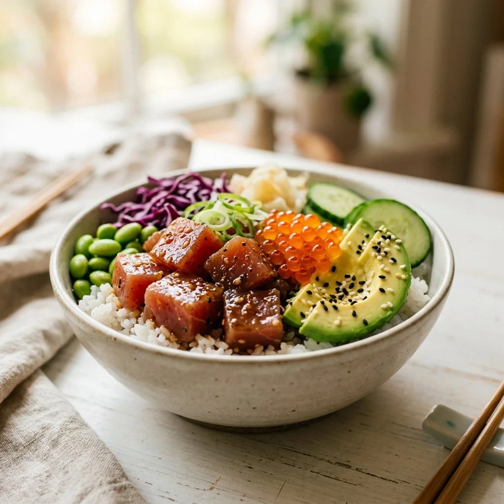 Delicious homemade poke bowl with fresh ingredients and colorful toppings.