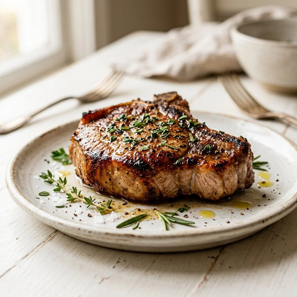 Juicy pork chop on a plate with herbs and spices, showcasing a delicious recipe