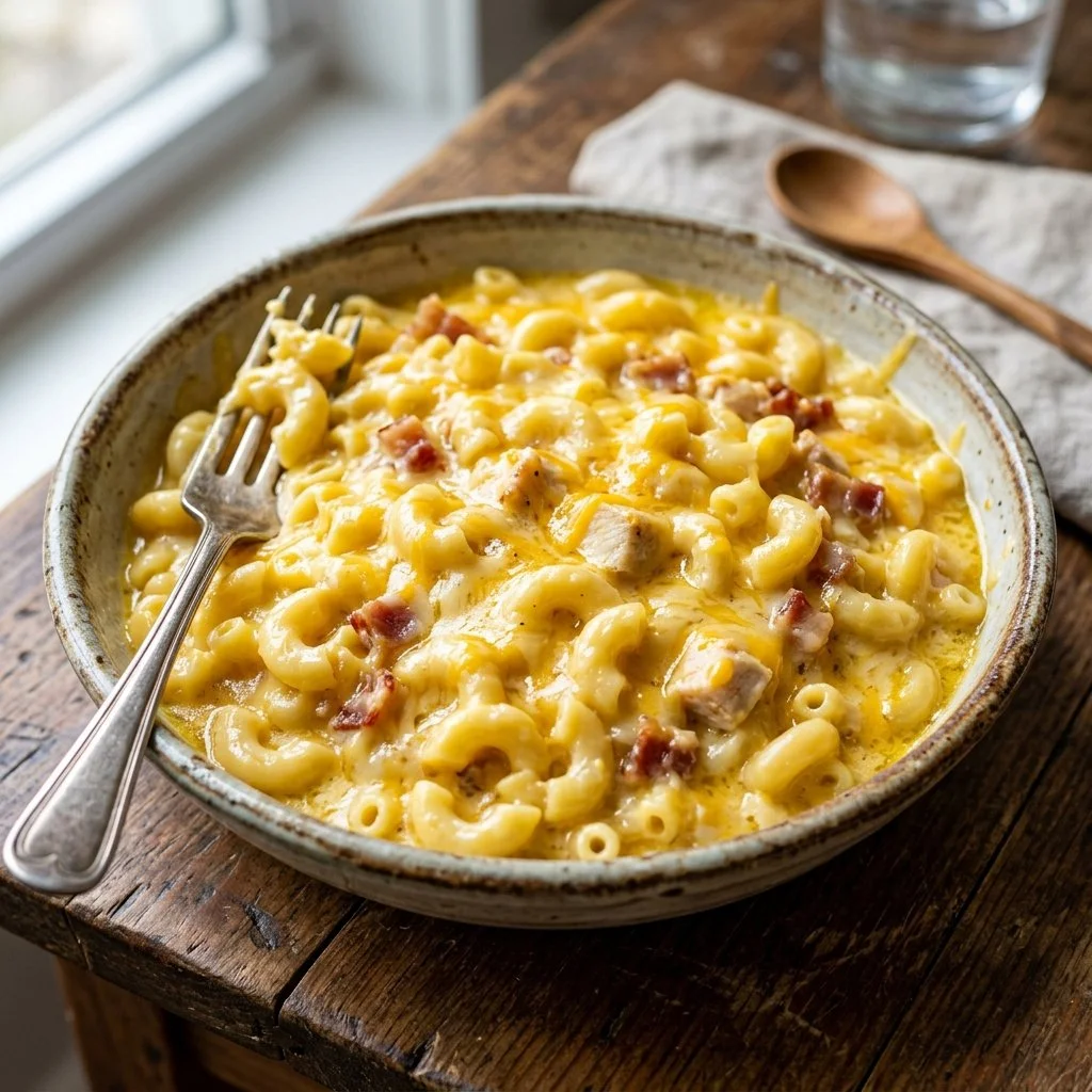 Delicious bowl of Protein Mac and Cheese topped with herbs and cheese.