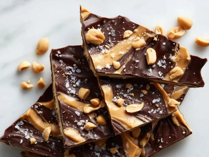Delicious Greek yogurt bark topped with peanut butter and chocolate drizzle.