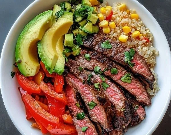 Protein-packed steak fajita bowl with vibrant vegetables and spices