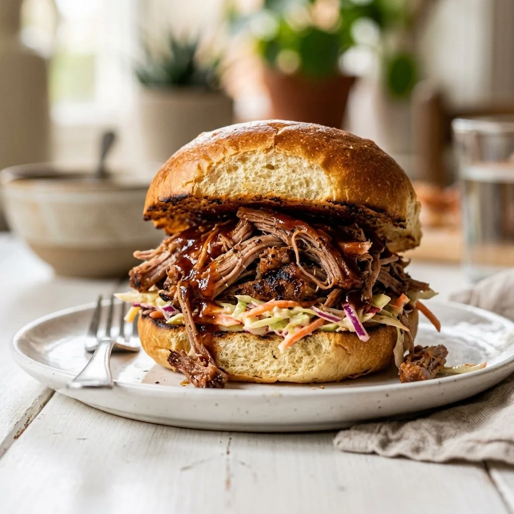 Delicious pulled pork sandwiches with BBQ sauce and coleslaw served on a plate