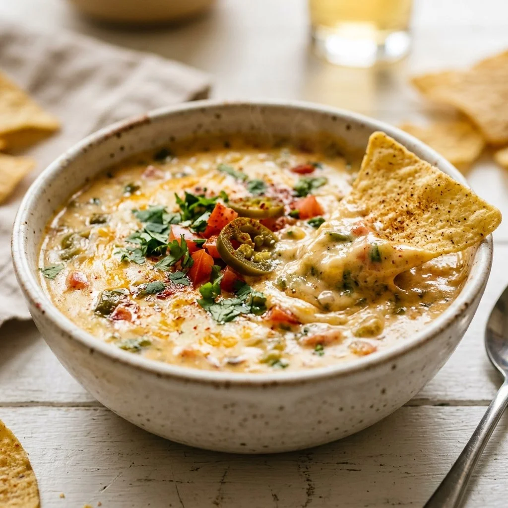 Creamy queso dip served in a bowl with tortilla chips on the side