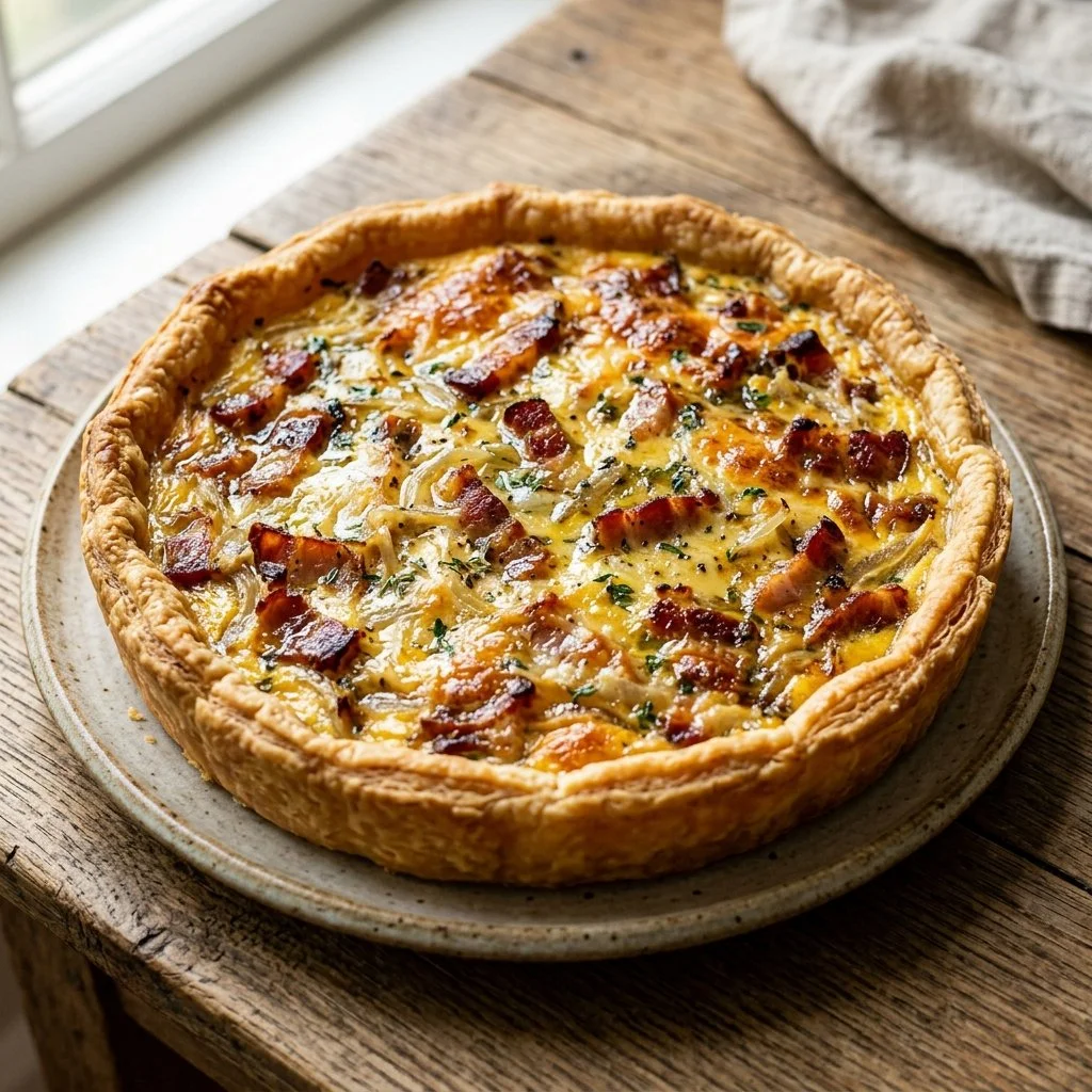 Delicious Quiche Lorraine with bacon and cheese on a rustic table