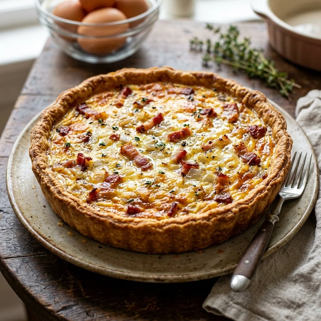 Delicious homemade Quiche Lorraine with bacon and cheese