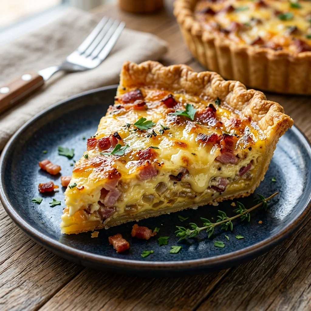 Delicious Quiche Lorraine with bacon and cheese served on a plate