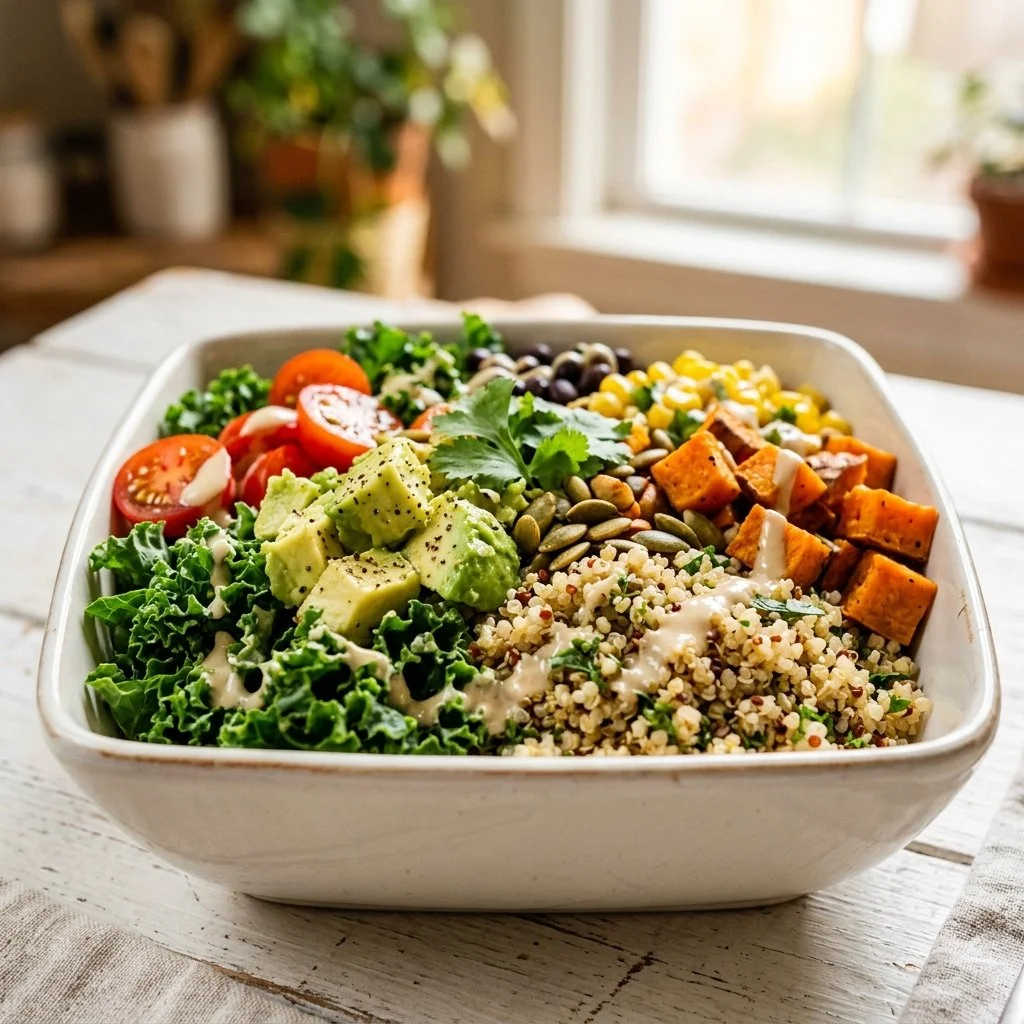 Delicious quinoa bowl recipe with fresh vegetables and ingredients.